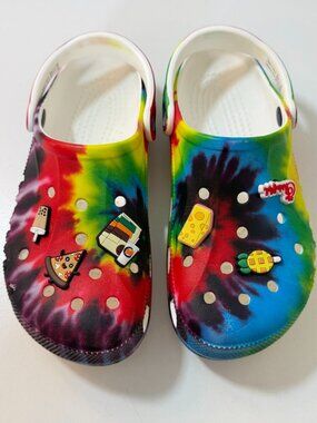 Crocs Classic Clogs Rainbow Tie Dye {Womens 9/Mens 7 } w/ Fast Food Jibbitz EUC!